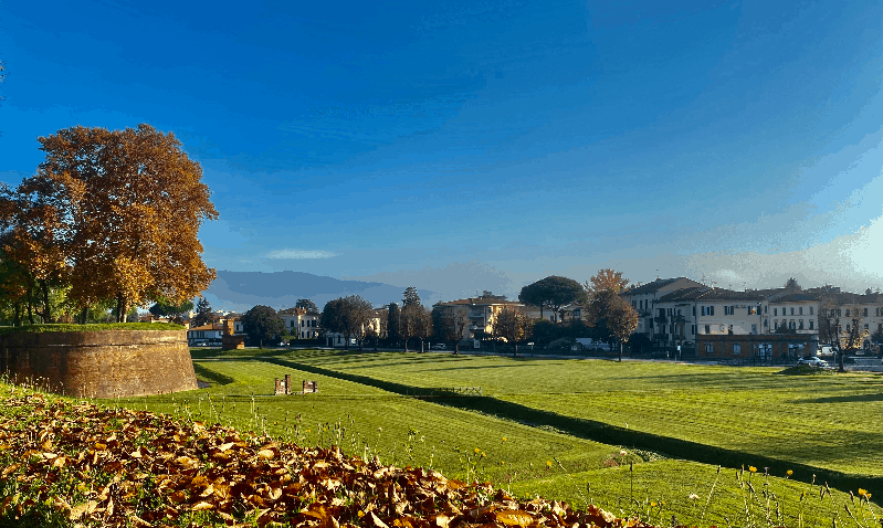Green grass, blue sky and mountains as seen from the Lucca wall