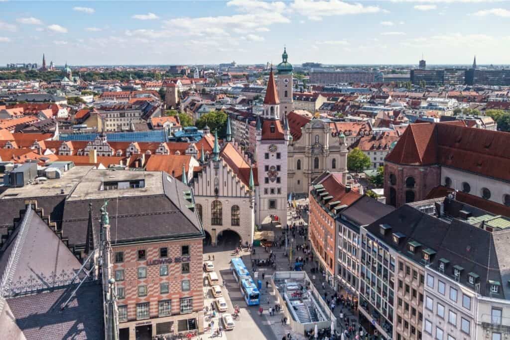 Birdseye view of a Munich with the clock tower in the center