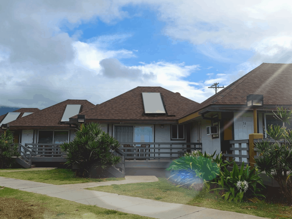 Small, gray cottages with porches