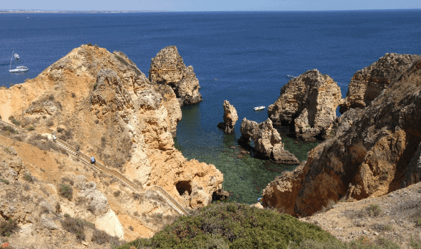 View from above looking down on the cliffs and caves of Ponta da Piedade in Algarve.