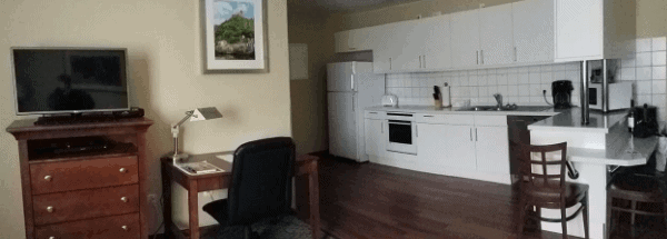 The living room and kitchen in one of the Ramstein's Inn's TLFs