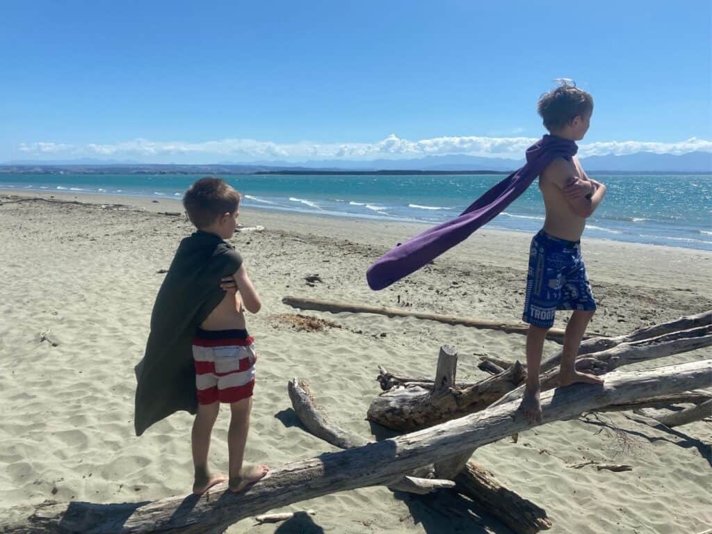 Two young boys wearing swim trunks standing on a beach