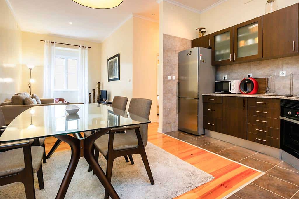 A modern kitchen and dining table