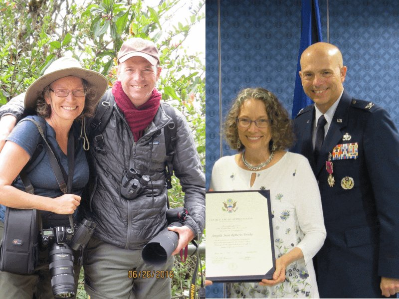 Side by side photos of a couple: one on the day or military retirement, the other with cameras around their necks, dressed for travel