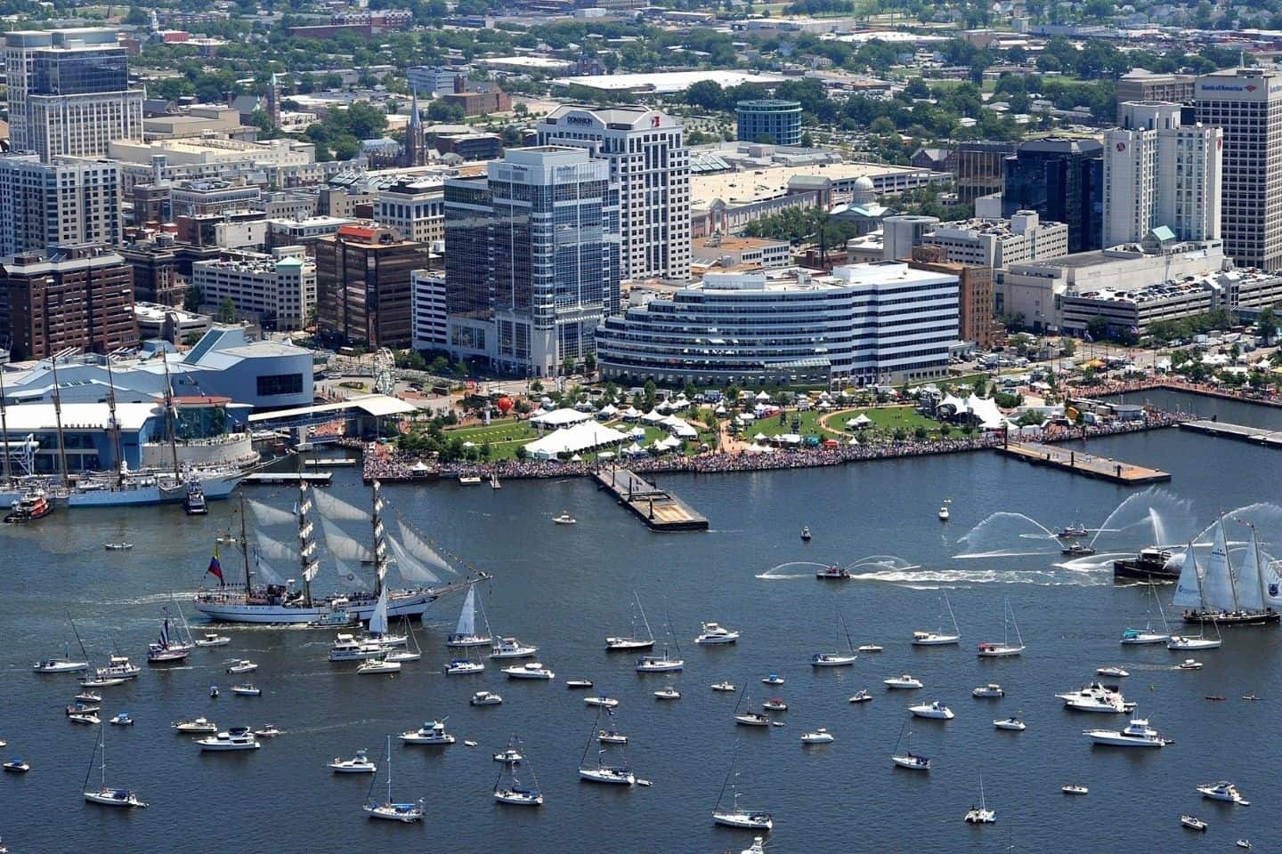 City skyline behind a harbor full of boats