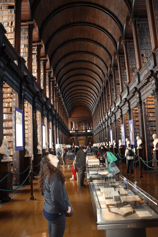 Sara looking at the ceiling in the library at Trinity College, Dublin