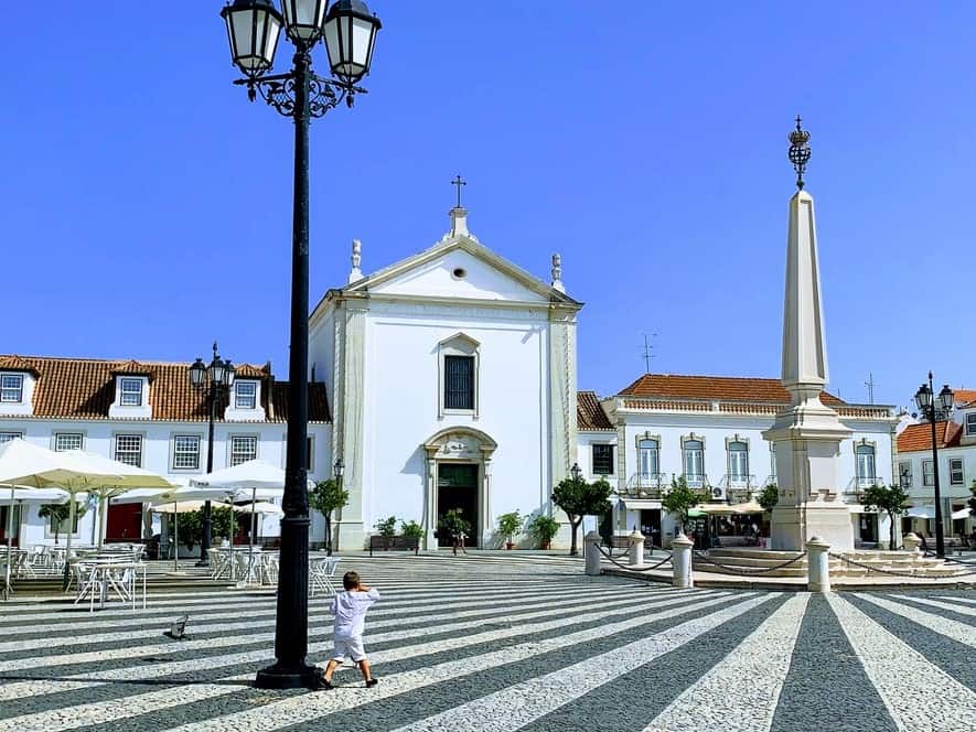 A white church in the city square of Vila Real de San Antonio, Algarve, Portugal
