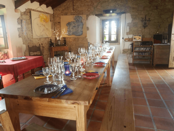 The long dining room table where we enjoyed our wine tasting at Vinhos de Corem in Portugal.