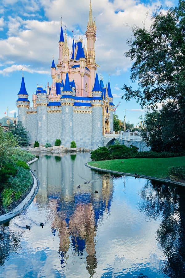 The Disney castle reflected on the water