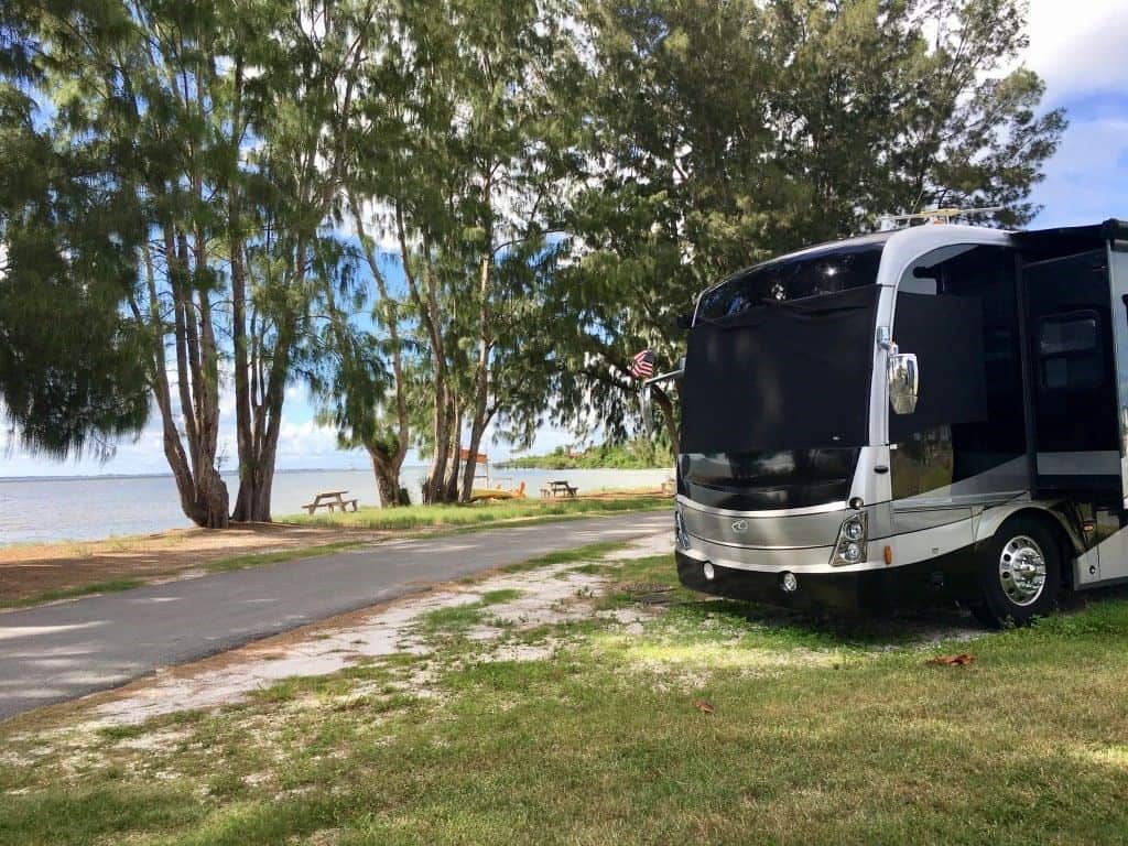 An RV parked at the military campground on the water at Patrick AFB